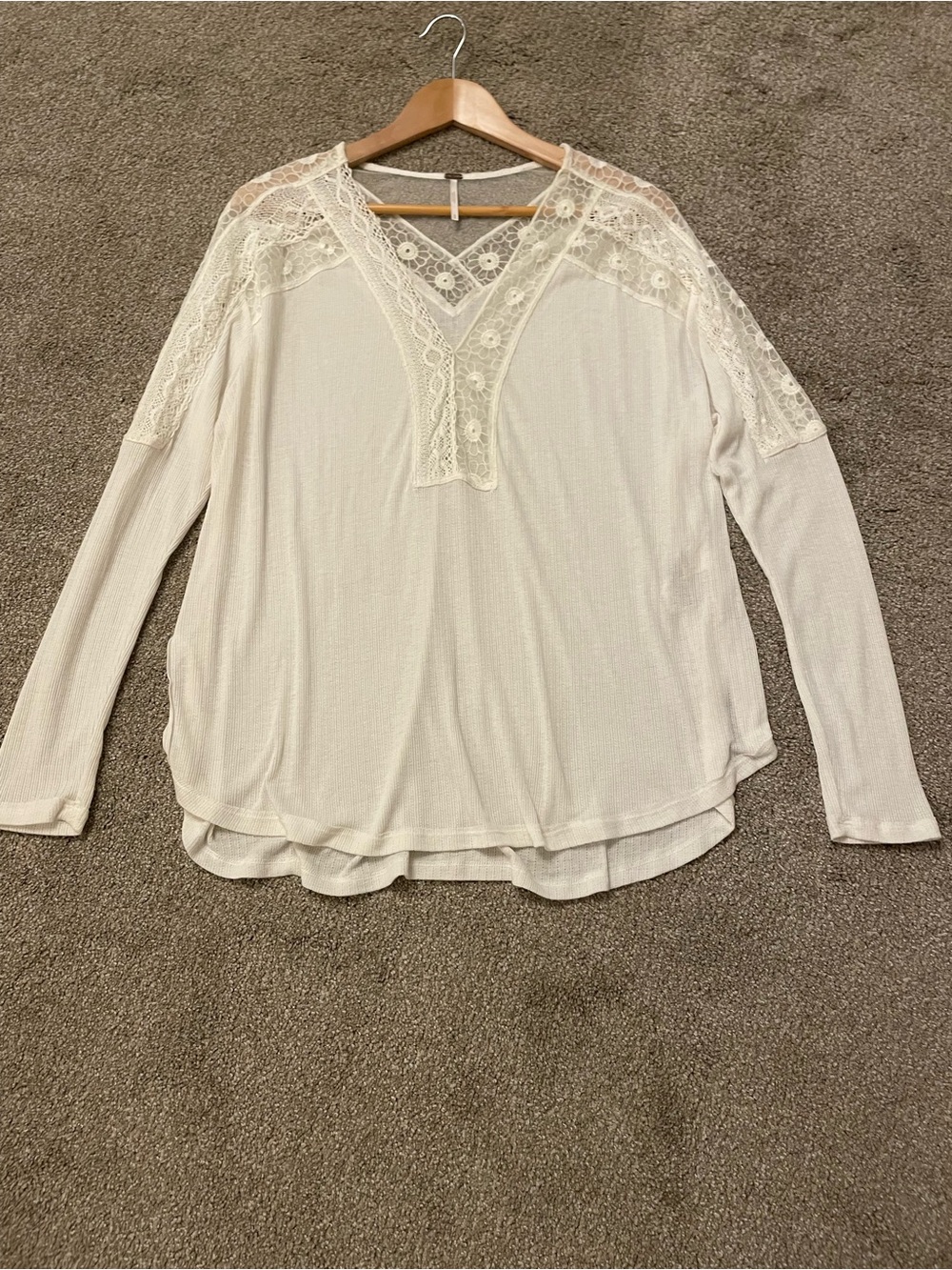 Free People Lola Lace-Trim V-Neck Long Sleeve Top Angel Food Ivory Cream M boho - Picture 6 of 9